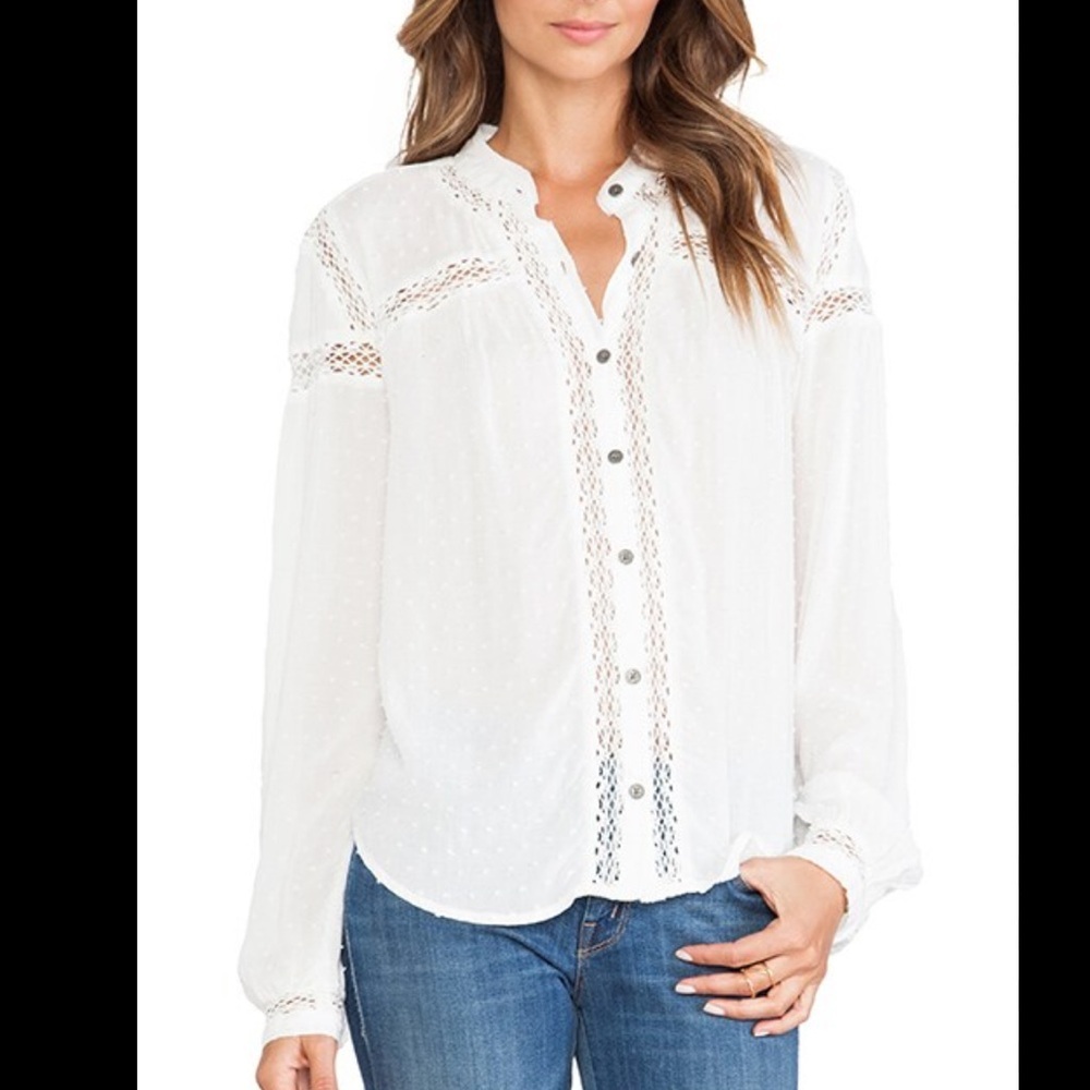 Free People Everyday Every Girl Top in Ivory SZ L Flowy Polka Dot Boho Casual - Picture 2 of 8
